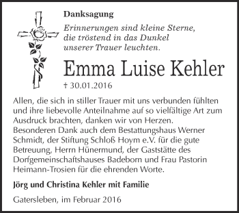 Traueranzeige von Emma Luise Kehler von WVG - Wochenspiegel Quedlinburg
