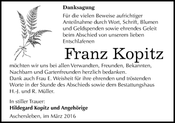 Traueranzeige von Franz Kopitz von Mitteldeutsche Zeitung Aschersleben