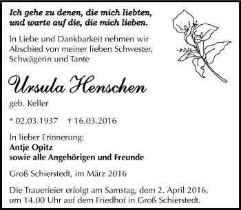 Traueranzeige von Ursula Henschen von Mitteldeutsche Zeitung Aschersleben