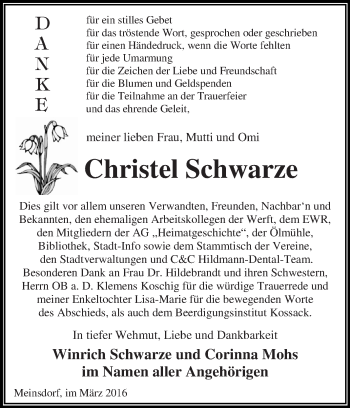 Traueranzeige von Christel Schwarze von WVG - Wochenspiegel Dessau / Köthen