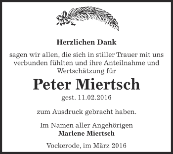 Traueranzeige von Peter Miertsch von WVG - Wochenspiegel Dessau / Köthen