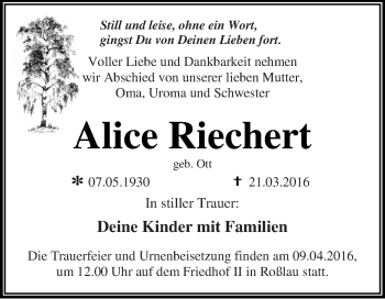 Traueranzeige von Alice Riechert von WVG - Wochenspiegel Dessau / Köthen