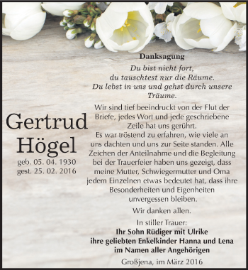 Traueranzeige von Gertrud Högel von Mitteldeutsche Zeitung Naumburg/Nebra