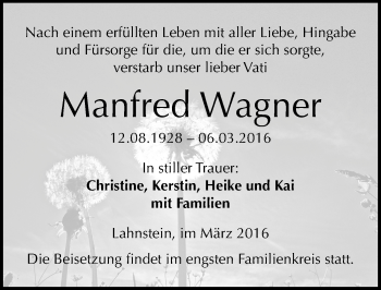 Traueranzeige von Manfred Wagner von Mitteldeutsche Zeitung Zeitz