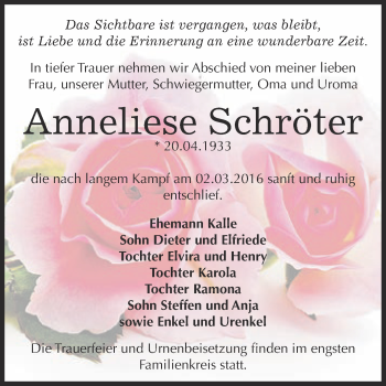 Traueranzeige von Anneliese Schröter von WVG - Wochenspiegel Dessau / Köthen