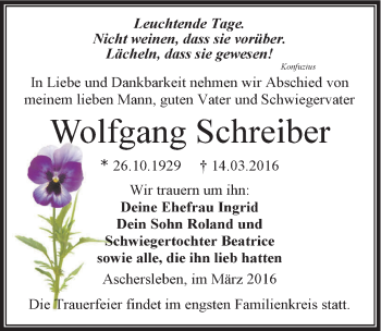 Traueranzeige von Wolfgang Schreiber von Mitteldeutsche Zeitung Aschersleben