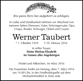 Traueranzeige von Werner Taubert von Mitteldeutsche Zeitung Zeitz