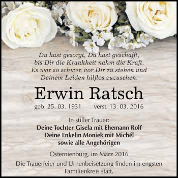 Traueranzeige von Erwin Ratsch von WVG - Wochenspiegel Dessau / Köthen