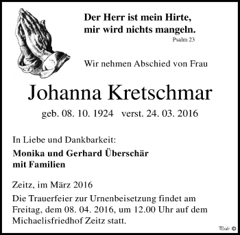 Traueranzeige von Johanna Kretschmar von Mitteldeutsche Zeitung Zeitz