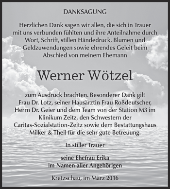 Traueranzeige von Werner Wötzel von Super Sonntag Zeitz
