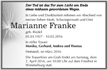 Traueranzeige von Marianne Franke von Mitteldeutsche Zeitung Mansfelder Land