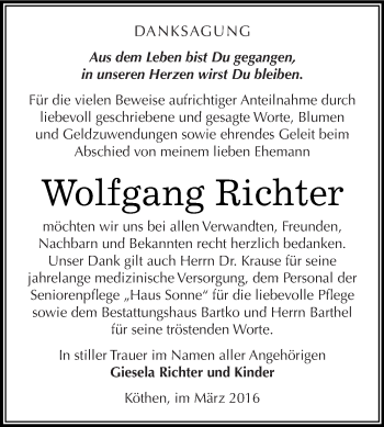 Traueranzeige von Wolfgang Richter von WVG - Wochenspiegel Dessau / Köthen