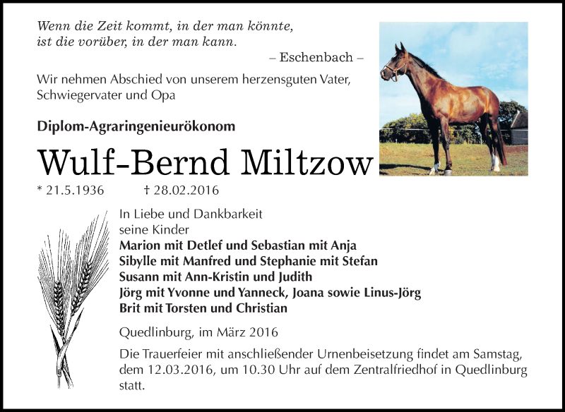  Traueranzeige für Wulf-Bernd Miltzow vom 05.03.2016 aus WVG - Wochenspiegel Quedlinburg