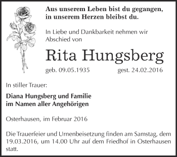 Traueranzeige von Rita Hungsberg von WVG - Wochenspiegel SGH