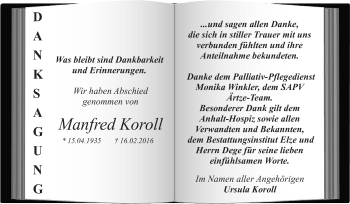 Traueranzeige von Manfred Koroll von WVG - Wochenspiegel Dessau / Köthen