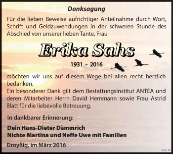 Traueranzeige von Erika Sahs von Super Sonntag Zeitz