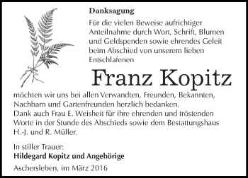Traueranzeige von Franz Kopitz von Super Sonntag Aschersleben