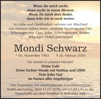 Traueranzeige von Mondi Schwarz von Mitteldeutsche Zeitung Bitterfeld