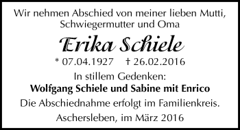 Traueranzeige von Erika Schiele von Mitteldeutsche Zeitung Aschersleben