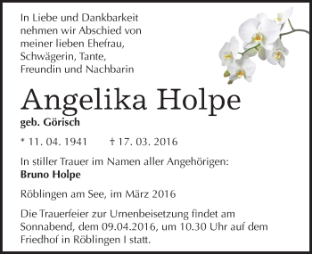 Traueranzeige von Angelika Holpe von Mitteldeutsche Zeitung Mansfelder Land