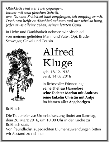 Traueranzeige von Alfred Kluge von Mitteldeutsche Zeitung Naumburg/Nebra