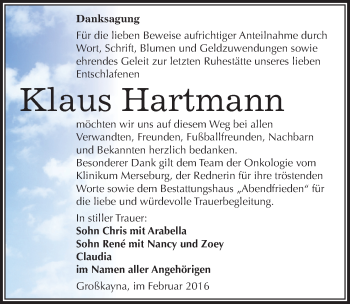 Traueranzeige von Klaus Hartmann von Mitteldeutsche Zeitung Merseburg/Querfurt