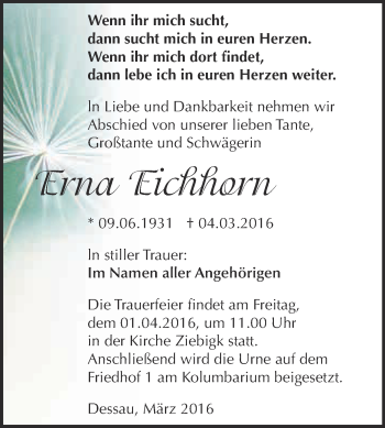 Traueranzeige von Erna Eichhorn von WVG - Wochenspiegel Dessau / Köthen