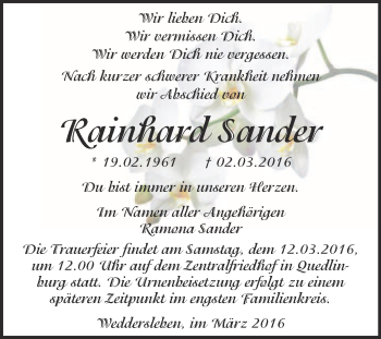 Traueranzeige von Rainhard Sander von WVG - Wochenspiegel Quedlinburg