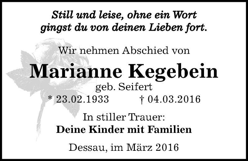  Traueranzeige für Marianne Kegebein vom 12.03.2016 aus Mitteldeutsche Zeitung Dessau-Roßlau