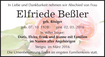Traueranzeige von Elfriede Beßler von Mitteldeutsche Zeitung Merseburg/Querfurt