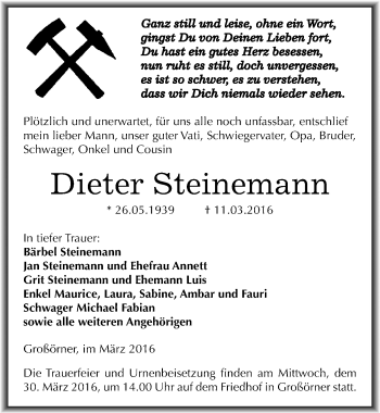 Traueranzeige von Dieter Steinemann von Mitteldeutsche Zeitung Mansfelder Land