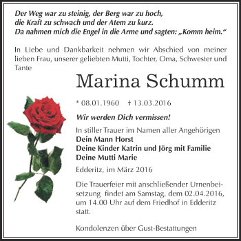 Traueranzeige von Marina Schumm von WVG - Wochenspiegel Dessau / Köthen