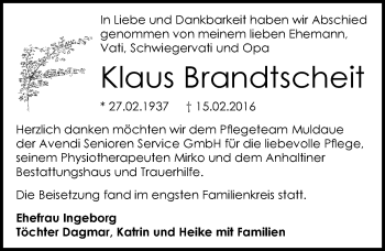 Traueranzeige von Klaus Brandtscheit von Mitteldeutsche Zeitung Dessau-Roßlau