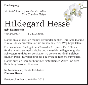 Traueranzeige von Hildegard Hesse von Mitteldeutsche Zeitung Mansfelder Land