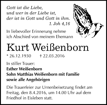 Traueranzeige von Kurt Weißenborn von Mitteldeutsche Zeitung Mansfelder Land