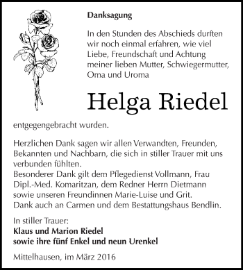 Traueranzeige von Helga Riedel von Super Sonntag SGH Mansf. Land