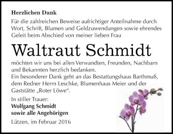 Traueranzeige von Waltraut Schmidt von WVG - Wochenspiegel NMB / WSF / ZTZ