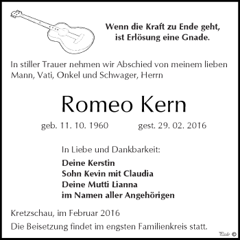 Traueranzeige von Romeo Kern von Super Sonntag Zeitz