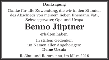 Traueranzeige von Benno Jüptner von WVG - Wochenspiegel Dessau / Köthen