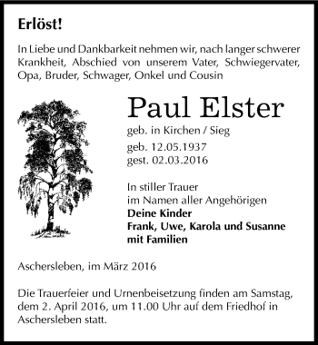 Traueranzeige von Paul Elster von Mitteldeutsche Zeitung Aschersleben