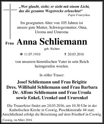 Traueranzeige von Anna Schliemann von Mitteldeutsche Zeitung Wittenberg