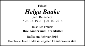 Traueranzeige von Helga Baake von Mitteldeutsche Zeitung Sangerhausen