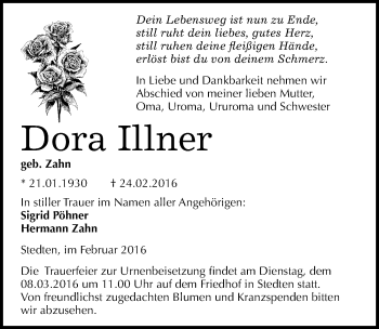 Traueranzeige von Dora Illner von Mitteldeutsche Zeitung Mansfelder Land