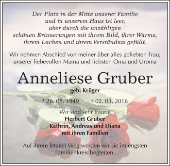 Traueranzeige von Anneliese Gruber von Mitteldeutsche Zeitung Mansfelder Land