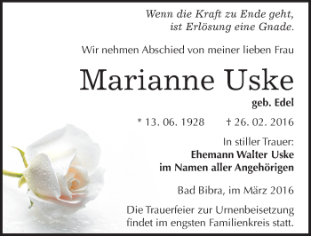 Traueranzeige von Marianne Uske von Mitteldeutsche Zeitung Naumburg/Nebra