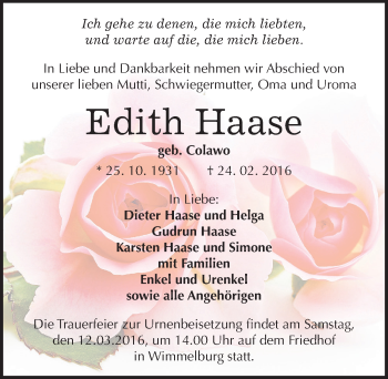 Traueranzeige von Edith Haase von Mitteldeutsche Zeitung Mansfelder Land