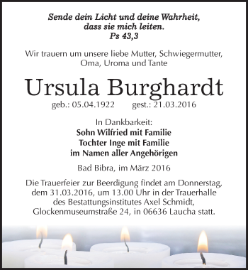Traueranzeige von Ursula Burghardt von Mitteldeutsche Zeitung Naumburg/Nebra