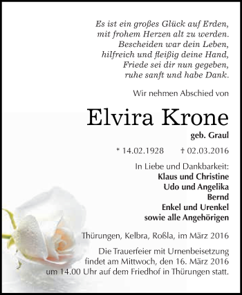 Traueranzeige von Elvira Krone von Super Sonntag SGH Mansf. Land
