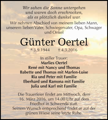 Traueranzeige von Günter Oertel von Super Sonntag SGH Mansf. Land