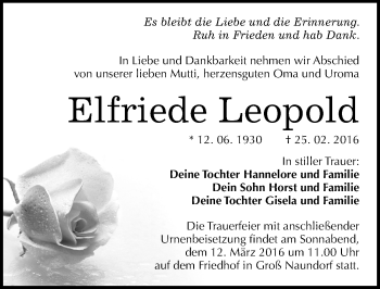 Traueranzeige von Elfriede Leopold von Mitteldeutsche Zeitung Wittenberg